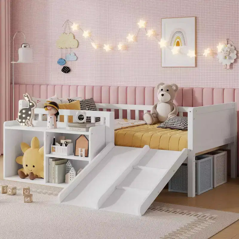 Letto a soppalco basso per ragazzi con scivolo e libreria – Grigio/Bianco, per 1 bambino