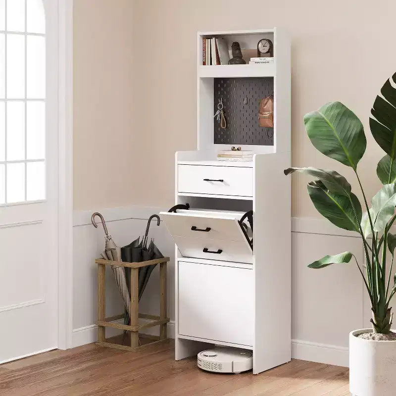 Scarpiera da ingresso 5-in-1 marrone/bianco con pannello forato e cassetti a ribalta