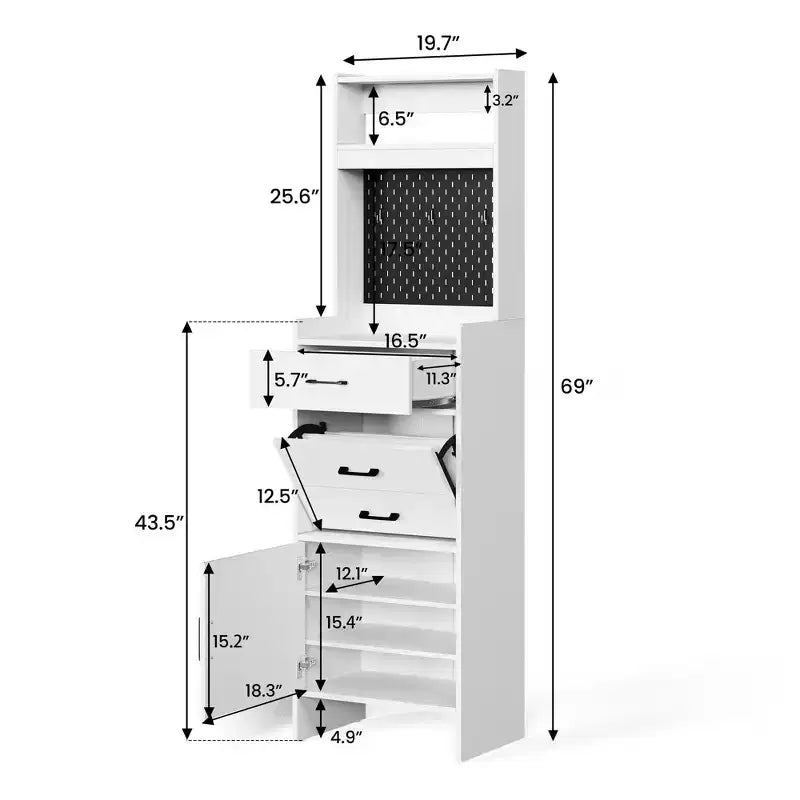 Scarpiera da ingresso 5-in-1 marrone/bianco con pannello forato e cassetti a ribalta