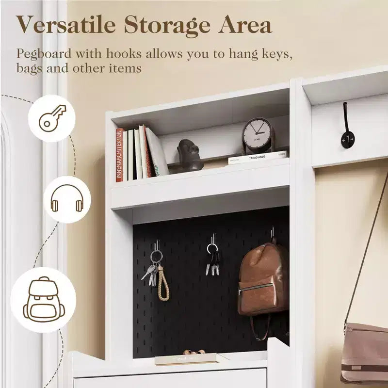 Scarpiera da ingresso 5-in-1 marrone/bianco con pannello forato e cassetti a ribalta