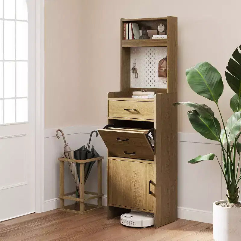 Scarpiera da ingresso 5-in-1 marrone/bianco con pannello forato e cassetti a ribalta
