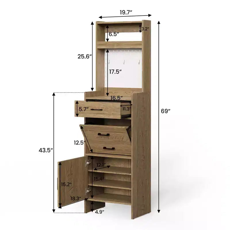 Scarpiera da ingresso 5-in-1 marrone/bianco con pannello forato e cassetti a ribalta