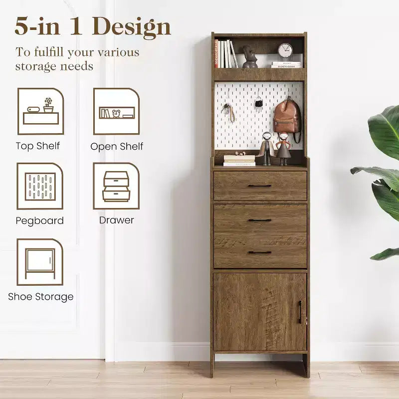 Scarpiera da ingresso 5-in-1 marrone/bianco con pannello forato e cassetti a ribalta