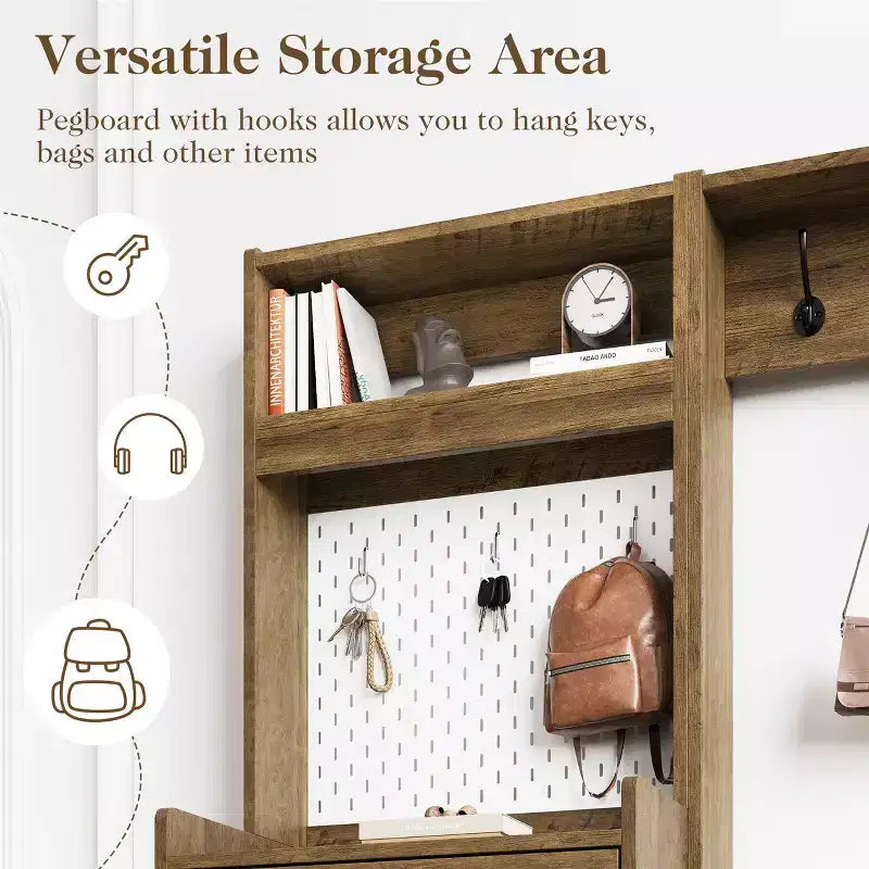 Scarpiera da ingresso 5-in-1 marrone/bianco con pannello forato e cassetti a ribalta