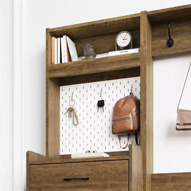 Scarpiera da ingresso 5-in-1 marrone/bianco con pannello forato e cassetti a ribalta