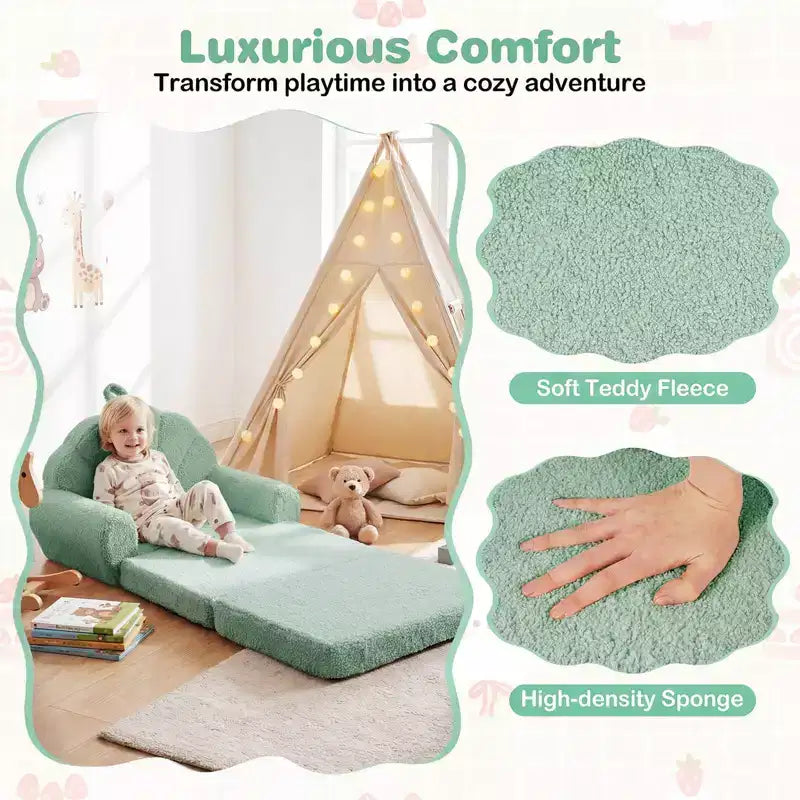 Divano per Bambini 2-in-1 Divano e Lettino Convertibile, Beige/Verde/Rosa, 1 Posto