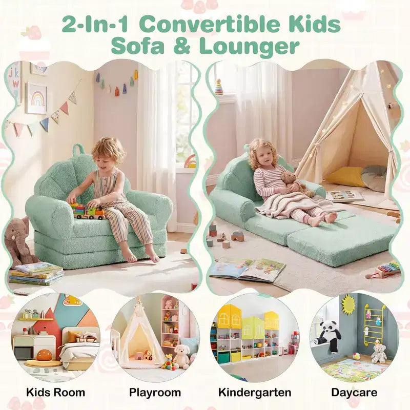 Divano per Bambini 2-in-1 Divano e Lettino Convertibile, Beige/Verde/Rosa, 1 Posto