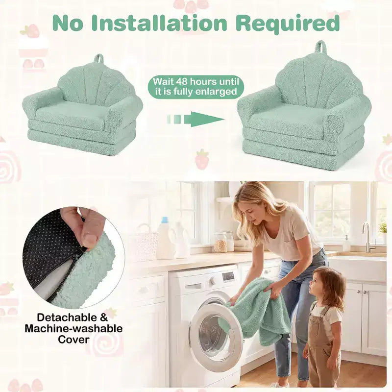 Divano per Bambini 2-in-1 Divano e Lettino Convertibile, Beige/Verde/Rosa, 1 Posto