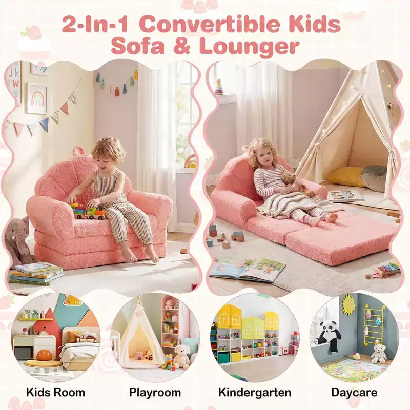 Divano per Bambini 2-in-1 Divano e Lettino Convertibile, Beige/Verde/Rosa, 1 Posto