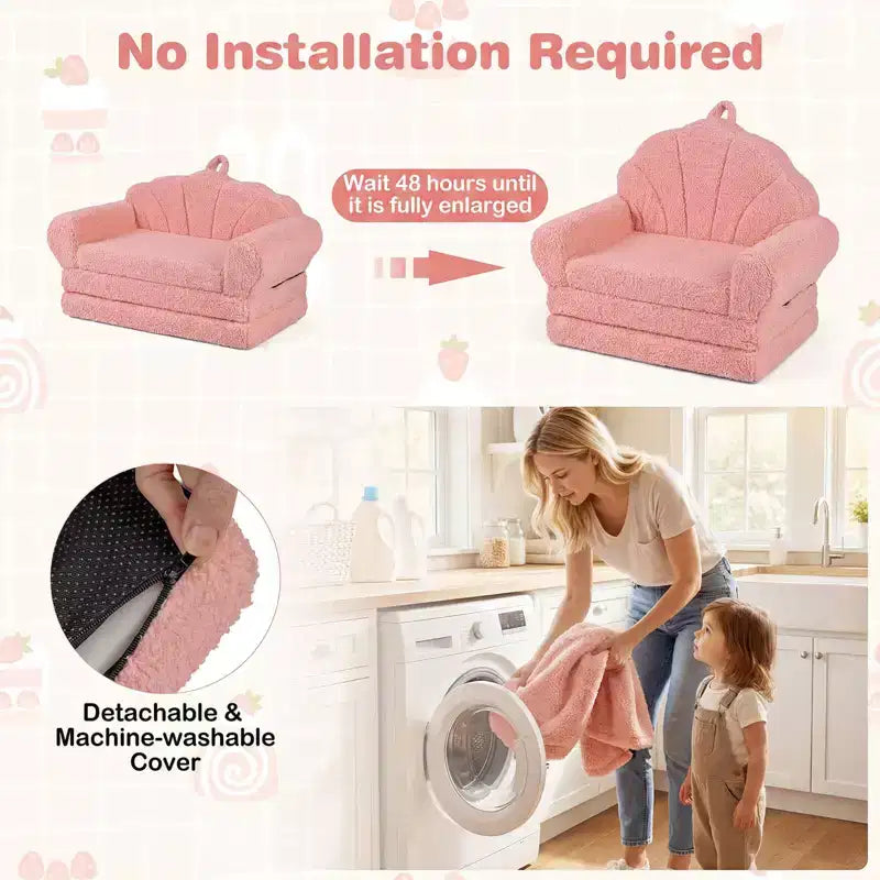 Divano per Bambini 2-in-1 Divano e Lettino Convertibile, Beige/Verde/Rosa, 1 Posto