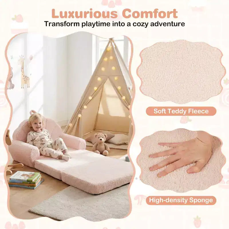 Divano per Bambini 2-in-1 Divano e Lettino Convertibile, Beige/Verde/Rosa, 1 Posto