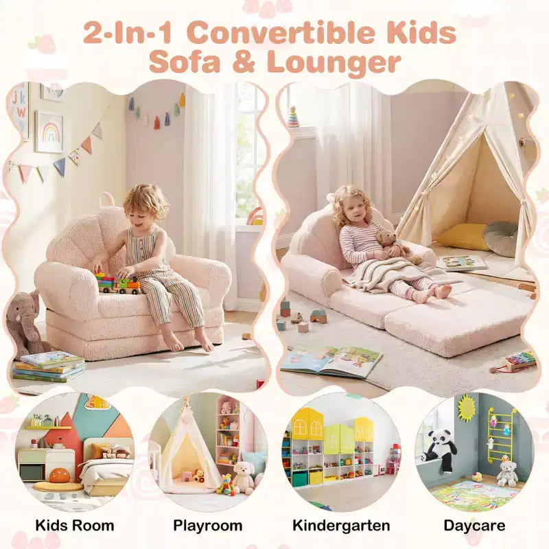 Divano per Bambini 2-in-1 Divano e Lettino Convertibile, Beige/Verde/Rosa, 1 Posto