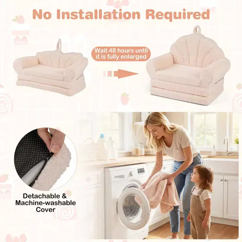Divano per Bambini 2-in-1 Divano e Lettino Convertibile, Beige/Verde/Rosa, 1 Posto