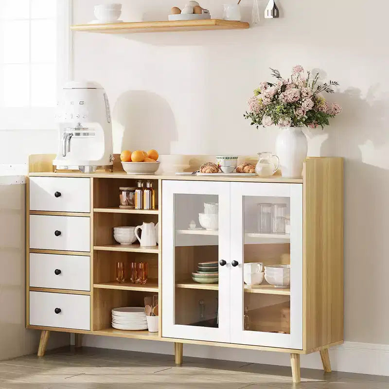 Modern 55 Buffet Cabinet with Coffee Bar, Adjustable Shelves & Tempered Glass Doors, Dining Room Sideboard with Storage Drawers