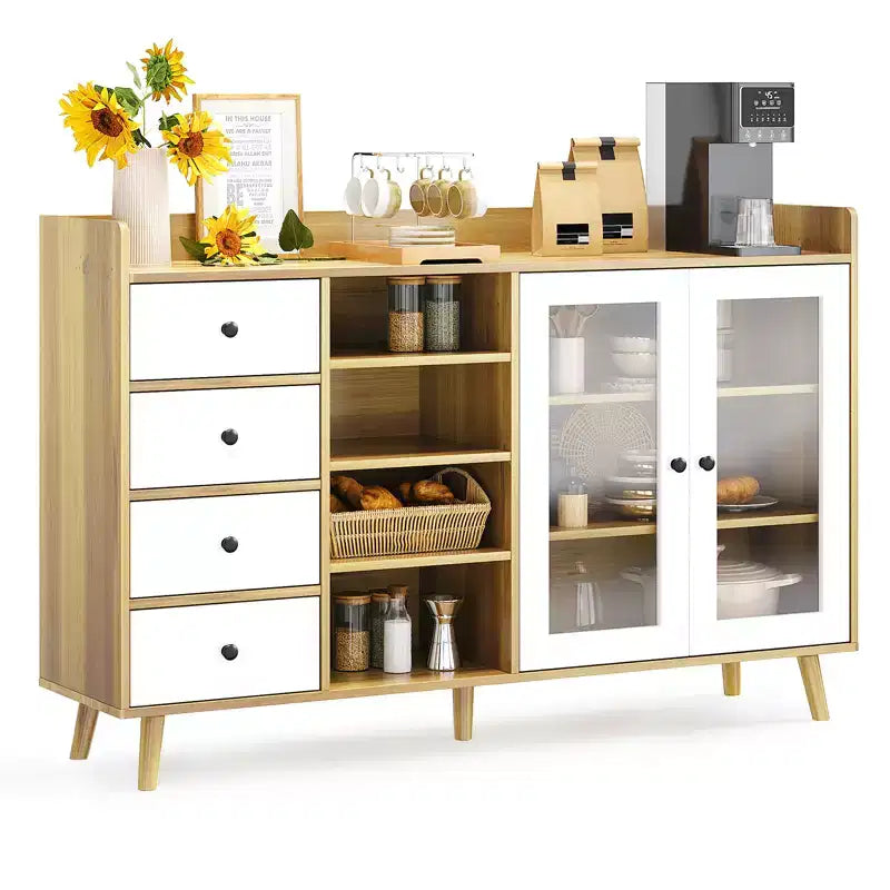 Credenza marrone noce con ante in vetro e cassetti, armadio contenitore a 2 ante
