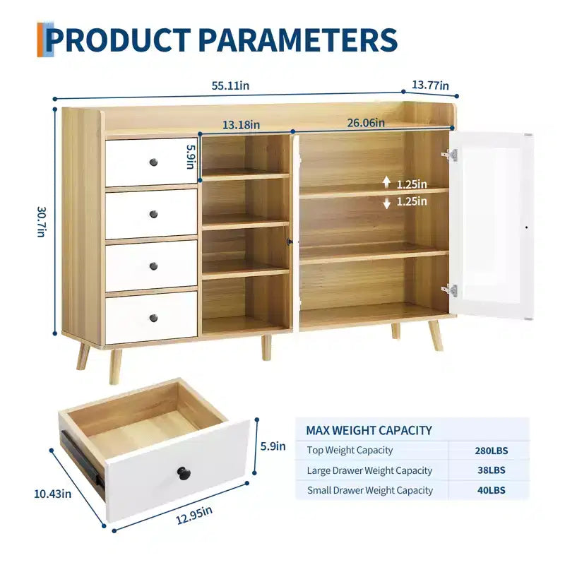 Credenza marrone noce con ante in vetro e cassetti, armadio contenitore a 2 ante