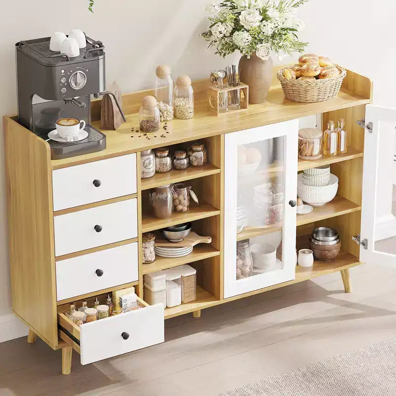 Credenza marrone noce con ante in vetro e cassetti, armadio contenitore a 2 ante