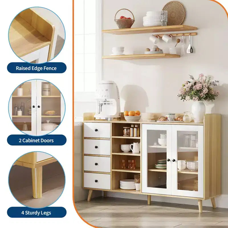 Credenza marrone noce con ante in vetro e cassetti, armadio contenitore a 2 ante