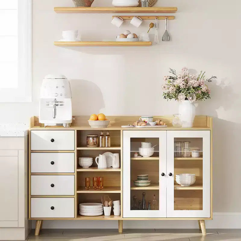 Credenza marrone noce con ante in vetro e cassetti, armadio contenitore a 2 ante