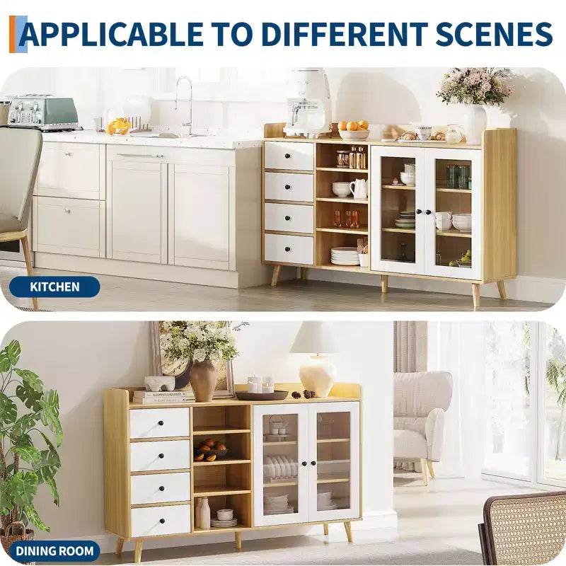 Credenza marrone noce con ante in vetro e cassetti, armadio contenitore a 2 ante