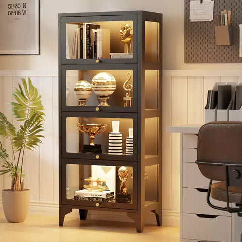 Bekrvio 4/5 Tier Glass Display Cabinets with Flip-Up Doors, Curio Cabinet with 13-Color, 3-Side Tempered Glass Metal Display Cabinet