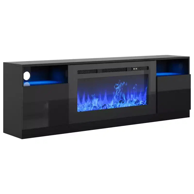 COZONY 70 Black TV Stand with 36 Fireplace Insert, High Gloss Entertainment Center for TVs up to 80 with Storage Cabinets