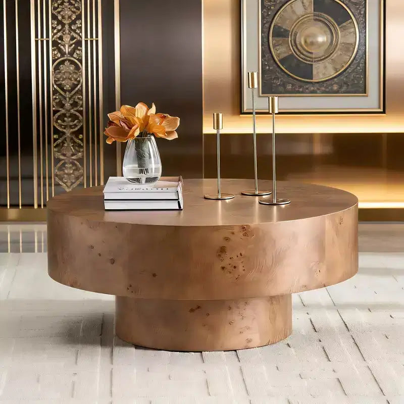 JVNOXK 31.49'' Burl Wood Veneer Coffee Table, Sturdy Pedestal Design for Living Room, Office & Apartment, Walnut