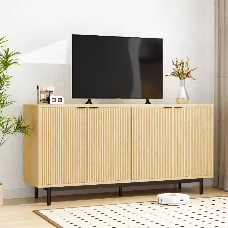 Natual Wood 65 Inch TV Stand, Entertainment Center with Storage Cabinets