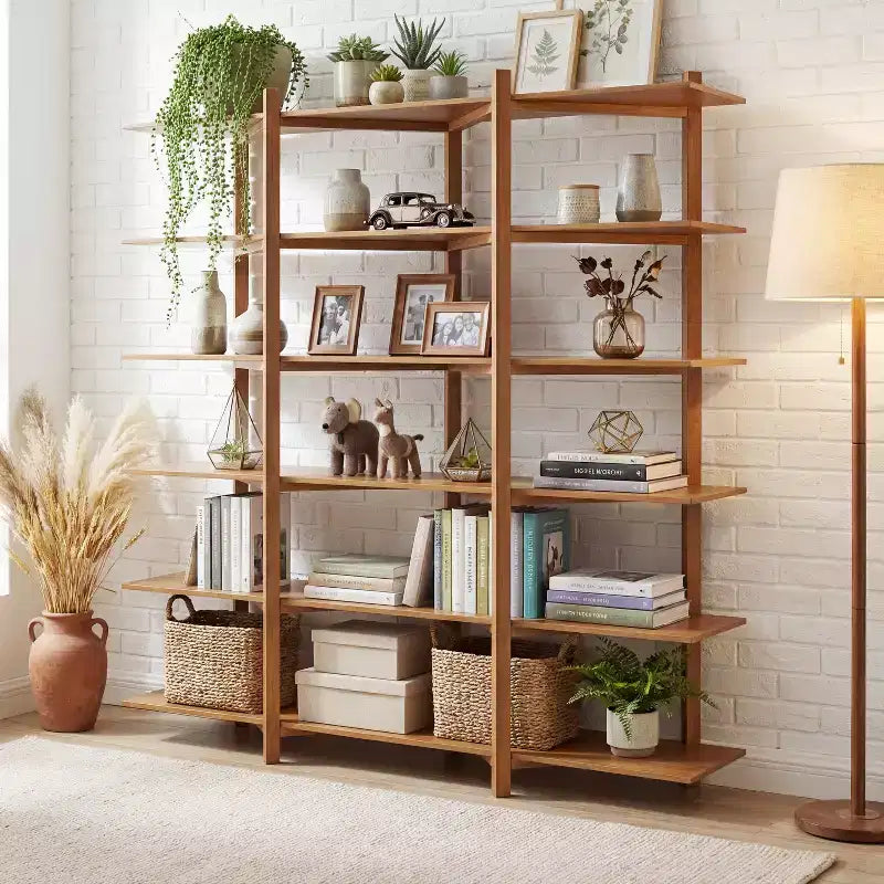 Libreria aperta a 6 ripiani in legno naturale di acacia, marrone, montaggio da 1 persona