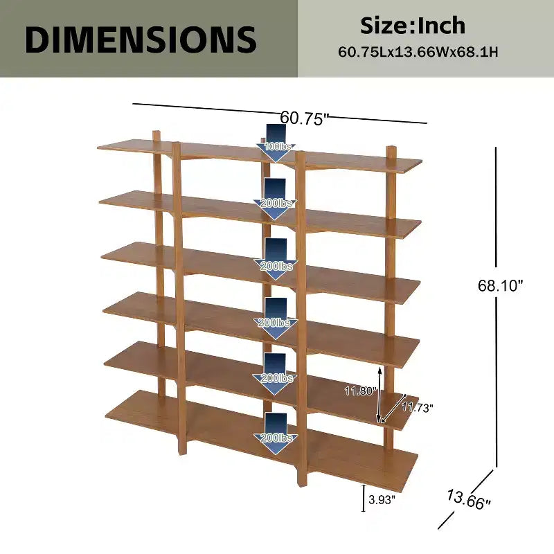 Libreria aperta a 6 ripiani in legno naturale di acacia, marrone, montaggio da 1 persona