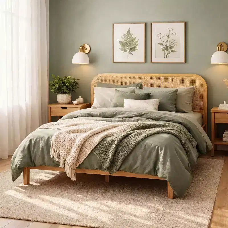 Letto matrimoniale Queen in pino naturale con testiera in rattan, per 1-2 adulti