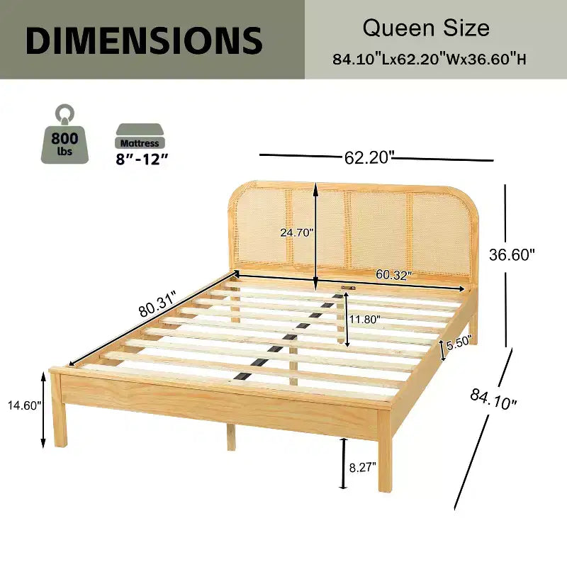 Letto matrimoniale Queen in pino naturale con testiera in rattan, per 1-2 adulti