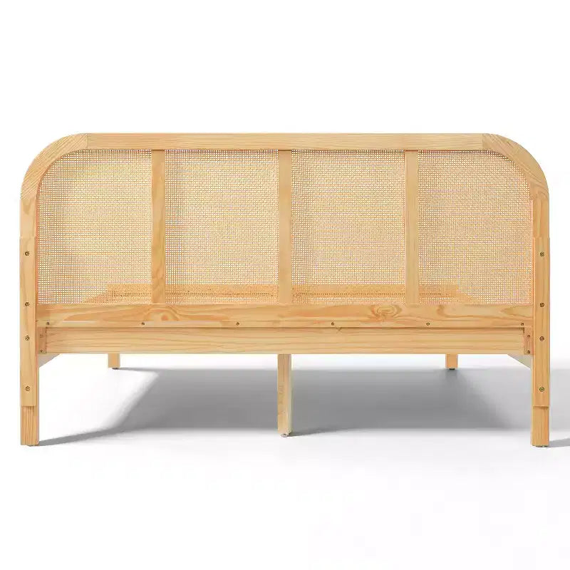 Letto matrimoniale Queen in pino naturale con testiera in rattan, per 1-2 adulti