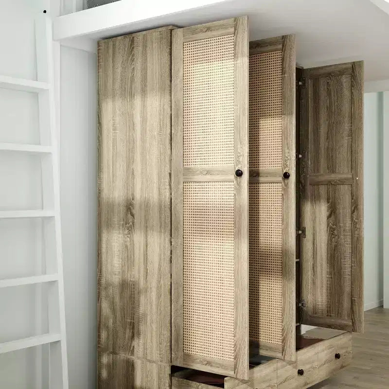 Armadio in Rattan Marrone Naturale a 3/6 Ante, Stile Rustico, 1 Persona