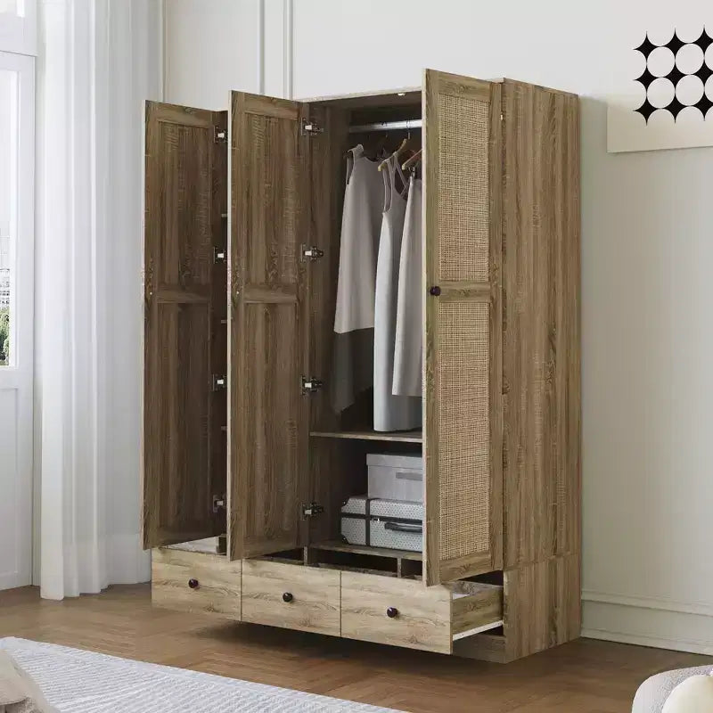 Armadio in Rattan Marrone Naturale a 3/6 Ante, Stile Rustico, 1 Persona