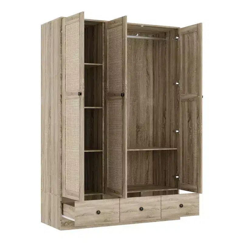 Armadio in Rattan Marrone Naturale a 3/6 Ante, Stile Rustico, 1 Persona