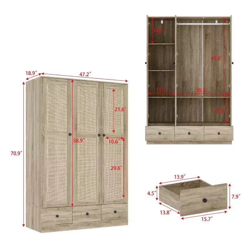 Armadio in Rattan Marrone Naturale a 3/6 Ante, Stile Rustico, 1 Persona