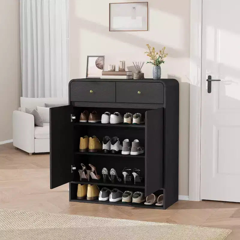 Scarpiera da Terra Beige/Nera, 2 Ante 2 Cassetti, Contiene 18 Paia
