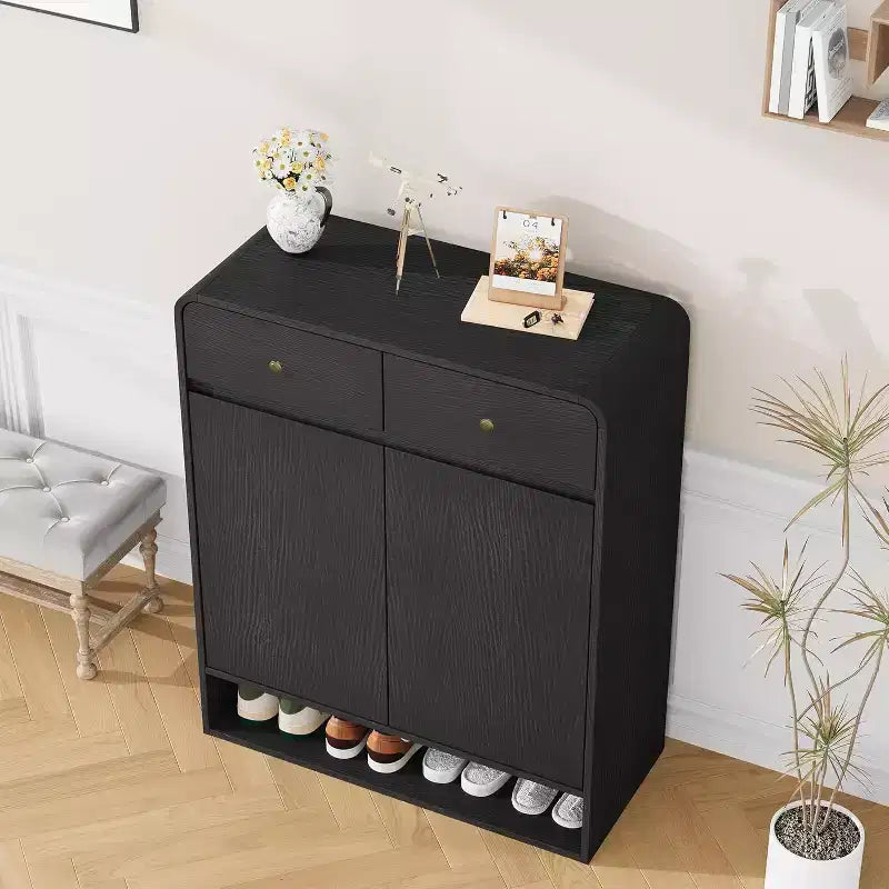 Scarpiera da Terra Beige/Nera, 2 Ante 2 Cassetti, Contiene 18 Paia