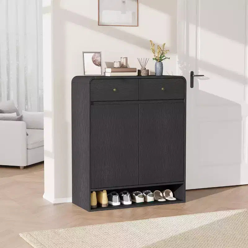 Scarpiera da Terra Beige/Nera, 2 Ante 2 Cassetti, Contiene 18 Paia