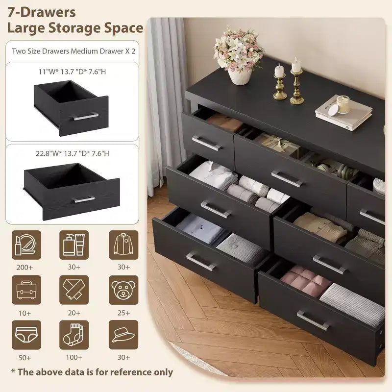 Cassettiera a 7 cassetti, nero/bianco, maniglie in metallo, stile moderno, per 1 persona