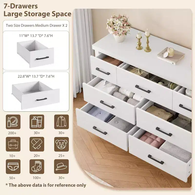 Cassettiera a 7 cassetti, nero/bianco, maniglie in metallo, stile moderno, per 1 persona