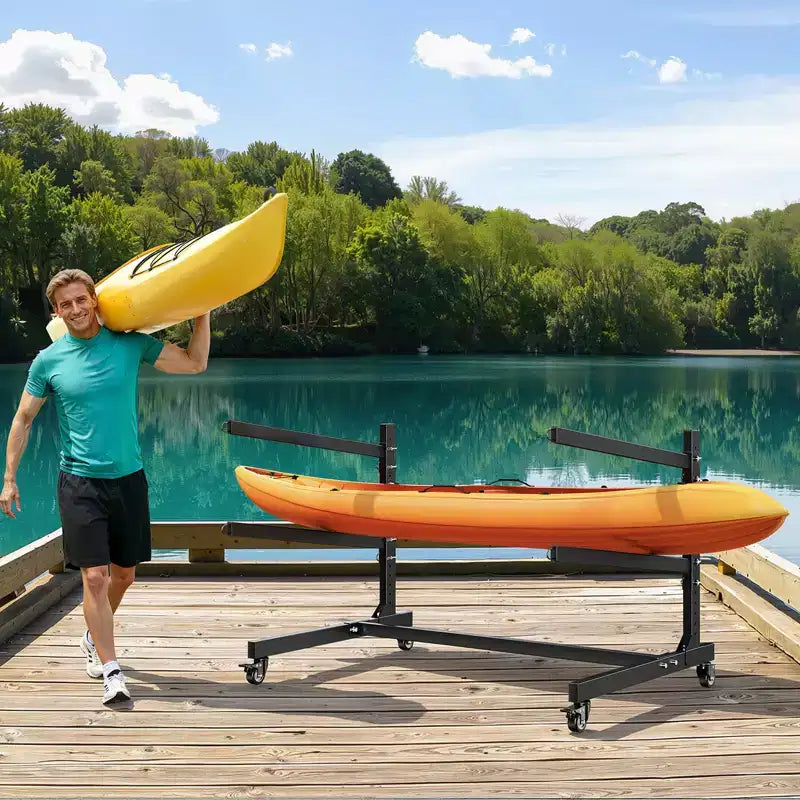 Porta Kayak Nero Autoportante, per 2 Kayak, con Ruote Bloccabili