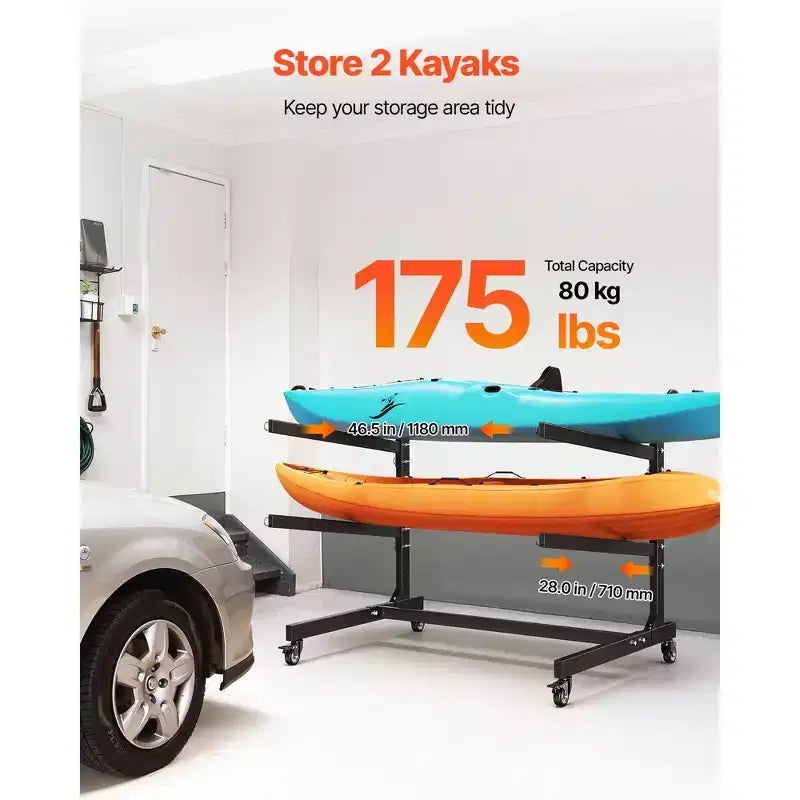 Porta Kayak Nero Autoportante, per 2 Kayak, con Ruote Bloccabili