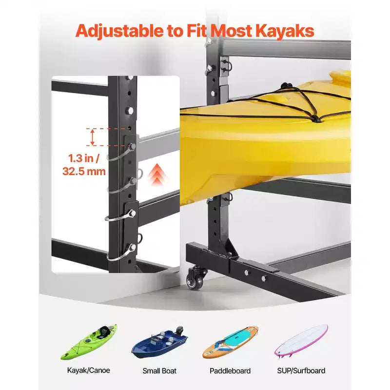 Porta Kayak Nero Autoportante, per 2 Kayak, con Ruote Bloccabili