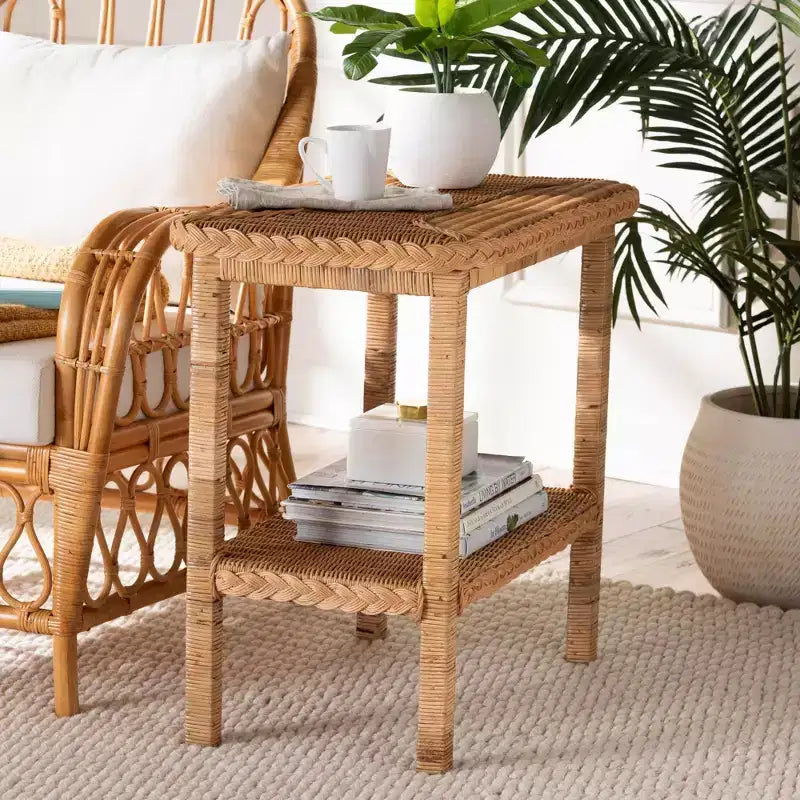 Tavolino Laterale in Rattan Intrecciato, Miele Chiaro / Marrone, Rettangolare, Per 1 Persona