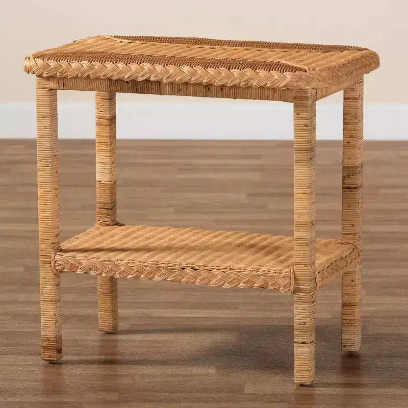 Tavolino Laterale in Rattan Intrecciato, Miele Chiaro / Marrone, Rettangolare, Per 1 Persona