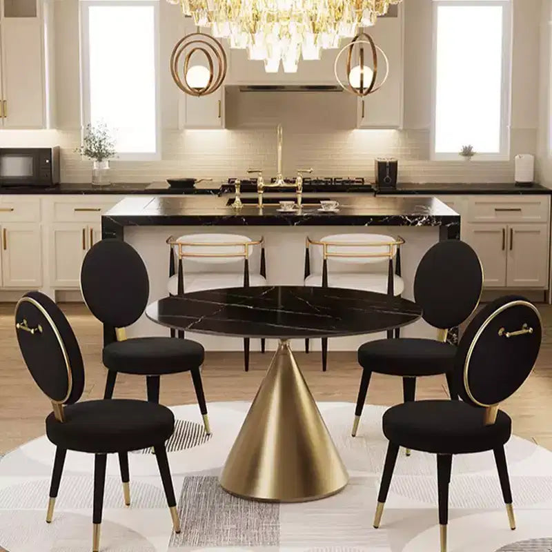 Tavolo da pranzo rotondo beige/nero 120 cm – piano in finto marmo, base a piedistallo dorata, 4 posti