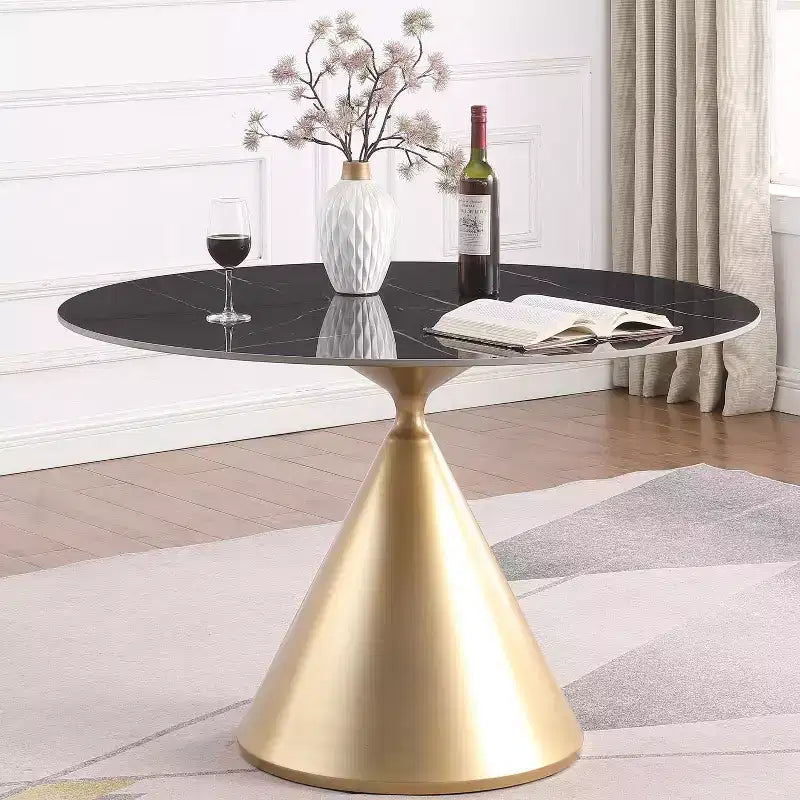 Tavolo da pranzo rotondo beige/nero 120 cm – piano in finto marmo, base a piedistallo dorata, 4 posti