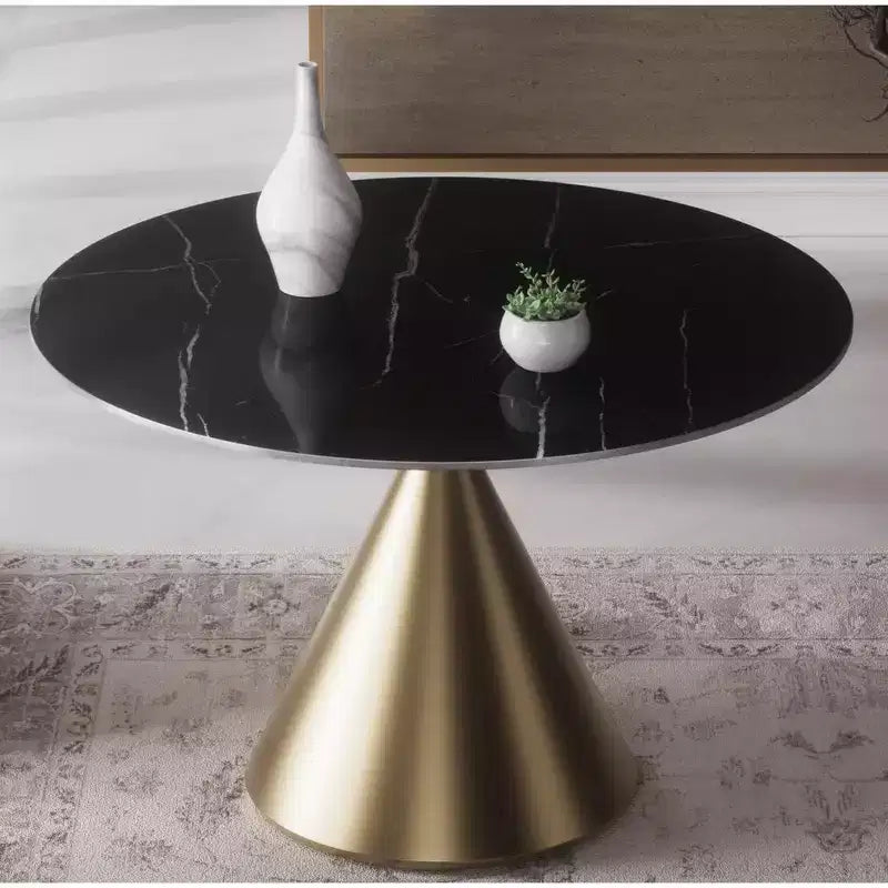 Tavolo da pranzo rotondo beige/nero 120 cm – piano in finto marmo, base a piedistallo dorata, 4 posti
